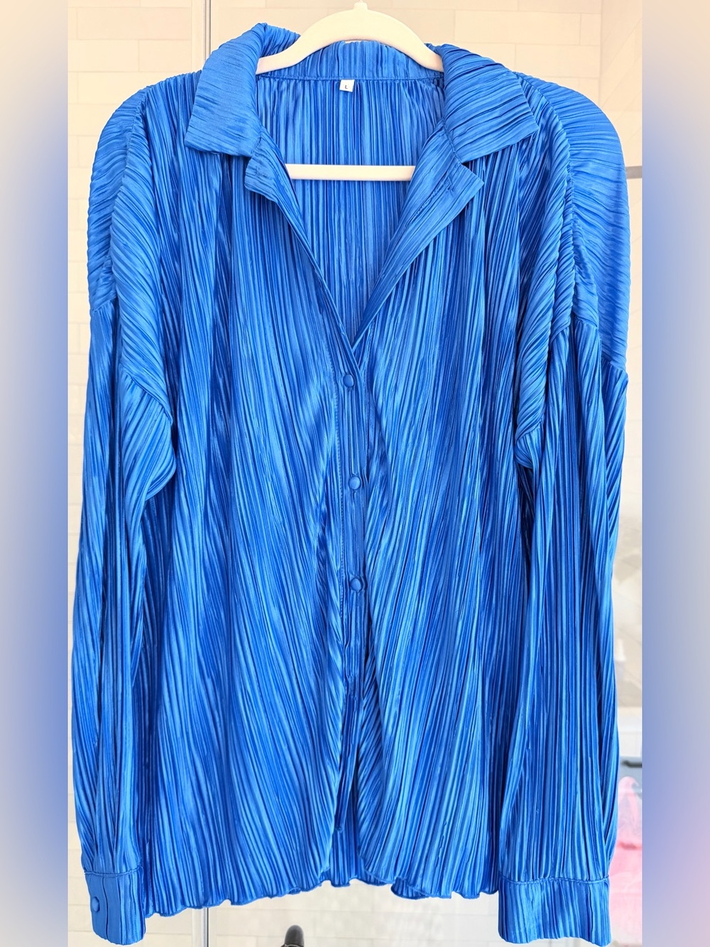 Blue Pleated Button-Front Women's Top